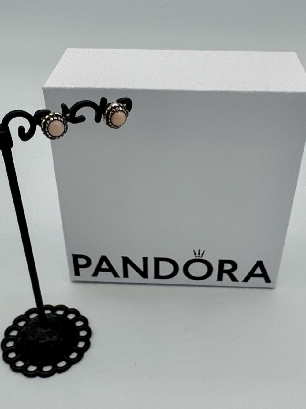 Pandora Sterling Silver pink opal October Birthstone Stud Earrings No Box